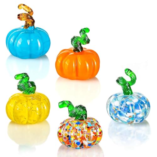 AOFEGRLT 5pcs Small Blown Glass Pumpkin Figurine Collectible Halloween Thanksgiving Glass Pumpkin Paperweight Fall Harvest Decorations for Home(Colorful)