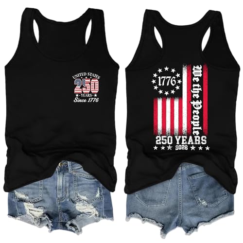 HQP 250th Anniversary USA Tank Tops Women USA T Shirt American Flag Sleeveless 13th of July Patriotic Freedom Tee Tops