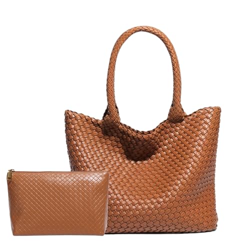 Image of Woven Tote Bag for Women, Large Vegan Leather Tote with Inner Pouch | Soft Woven Texture,Relaxed Style,Shoulder Tote Bag,Unstructured Tote,Casual Woven Handbag,Open Interior,Removable Pouch