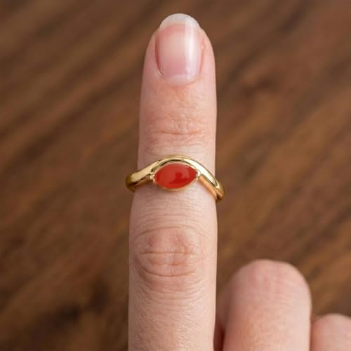 Gold Plated Marquise Carnelian Ring for Women, Natural Orange Red Gemstone Wave Bypass Band Ring, Minimalist Dainty Stackable Statement Handmade Jewelry Christmas Gift for Her Size 10.5 - Image 2