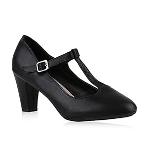 stiefelparadies Damen Pumps T-Strap Spitze High Heels Riemchenpumps Stilettos Zierperlen Nieten Blockabsatz Schuhe 143496 Schwarz Glatt 38 Flandell