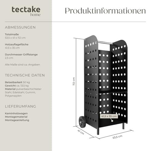 tectake Holz Regal extrabreit mit Rollen, für aussen und innen, Kaminholzregal, Brennholzregal aus Metall, wetterfest, mobiles Holzlager, Transportwagen für Feuerholz, Kaminzubehör- schwarz-6