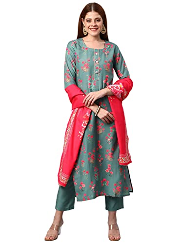 Kurta femme ensemble pantalon dupatta vêtement indien chic vert S