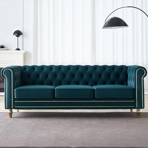 Image of KEIKI 85 inch Chesterfield Velvet Tufted Button Sofa with Deep Seat Cushions and Rolled Arms, Modern Style 3-Seater Couch Decorated with Gold Strip, Easy Assembly, for Living Room, Bedroom, Office, Green