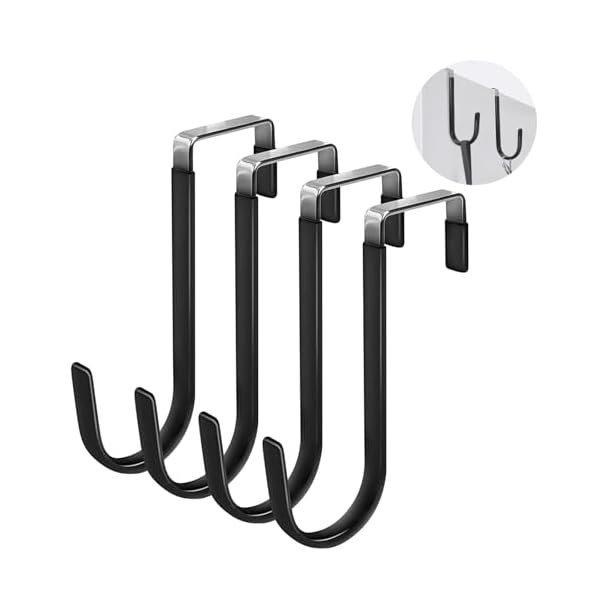 Over The Door Hooks with Rubber – 4PCS Heavy Duty Scratch-Proof Organizer for Hanging Clothes, Towels & More in Living Room, Bathroom, Bedroom & Kitchen Black