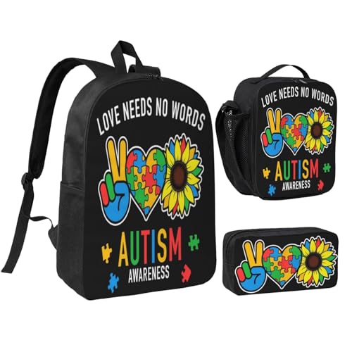 Autism Awareness Sunflower 17 Inch Backpack Sets Lunch Bag Lightweight Daypack for Men Women 3Pcs