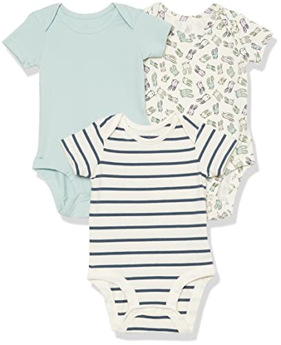 Amazon Essentials Body de Manga Corta de Punto elástico de algodón (Anteriormente Amazon Aware) Unisex Bebés, Pack de 3, Azul Marino Rayas/Azul Viejo/Beige Conejito, 0 Meses