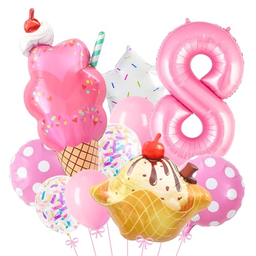 OIWLCI Ice Cream Party Decorations, 8th Birthday Decorations for Girls, Pink Number 8 Balloon, Ice Cream Balloons for Happy Birthday Decorations, Pink Pastel Balloons (Pink 8)