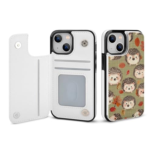 HKMNLEW Many Hedgehogs Print Flip Phone Wallet Case iPhone 13 Mini�p�APU���U�[���C�ϏՌ��d�b�P�[�X�J�o�[ �J�[�h�z���_�[�t��