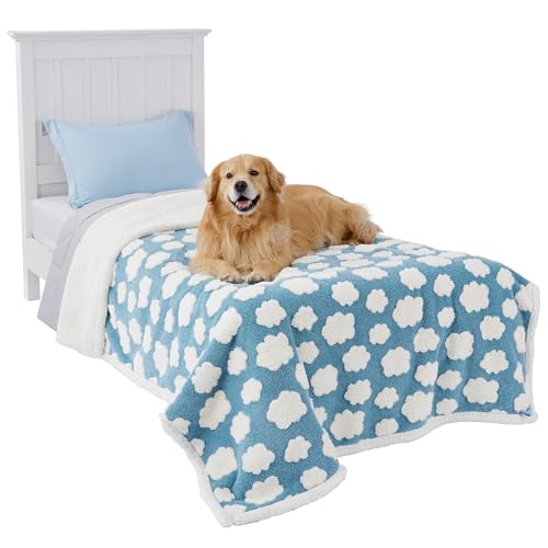 LE SURE Waterproof Dog Blanket for Large Dogs - Washable Double Sided Dog Blankets with Warm Jacquard Shag and Soft Sherpa Fleece, Pet Cat Blanket for Bed Protection, 3D Textured Cloud, Blue