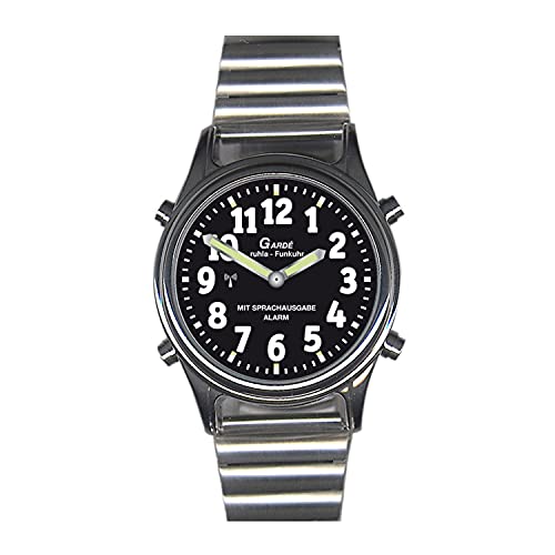 SELVA Montre Ruhla radio-pilotée à quartz, boîtier en acier inoxydable, verre minéral, cordon de serrage, avec heure, date, heure du réveil et alarme, Bracelet