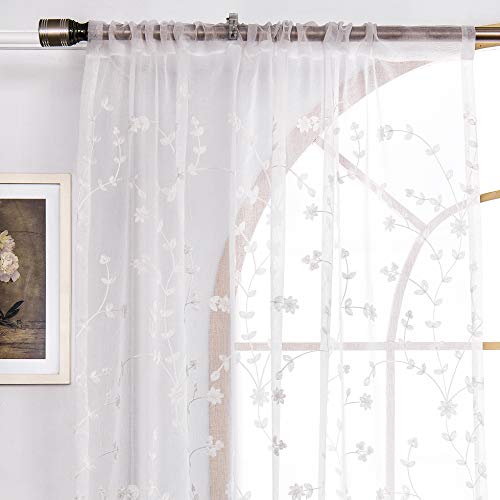 Amhoo 2 Panels Leaf Flora Embroidered Farmhouse Semi Sheer Curtain Voile Curtains For Living Room Bedroom Window Treatment White 53 X 63 Inch #TOP2