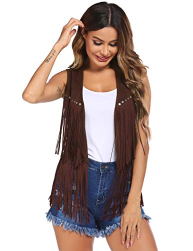 Hotloox Cowgirl Outfits For Women Country Concert Tops Fringe Vest 60S Hippie Costume Women Dark Khaki M #TOP3