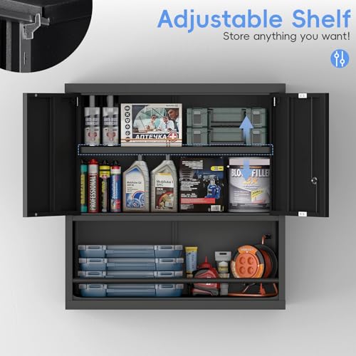 Image of Metal Garage Cabinets, Lockable Storage Cabinet, Metal Cabinet with Open Storage, Upper Tool Cabinet for Basement, Wall Mounted Cabinets for Shop