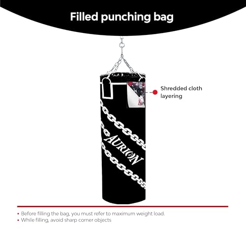 Image of Aurion by 10Club 3 Feet Synthetic Leather Filled Punching Bag Combo | Boxing Punching Bag with Boxing Gloves 12Oz & Hanging Chain | Boxing | MMA | Kickboxing |Taekwondo - Black 3 Feet /36 Inches