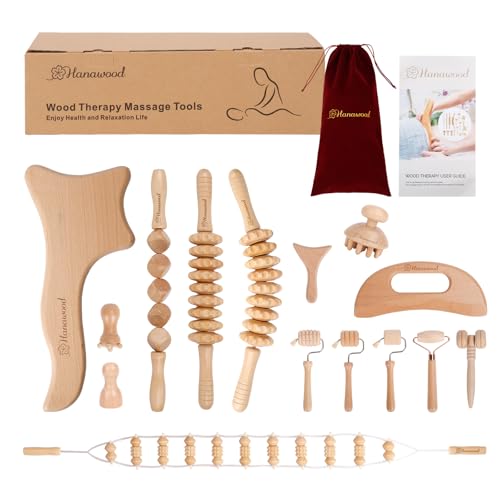 HanaWood 15 Pcs Wood Therapy Massage Tools Set Maderoterapia Kit Therapy Tools for Body Muscle Pain Relief Wooden Body Face Sculpting Tools Wood Roller Massager, Fascia Massage