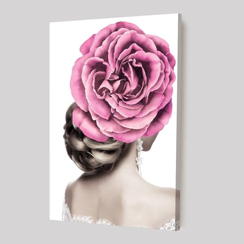 Image of PAINTINGMANTRA Stretched Modern Canvas Wall Art Painting, Women Pink Rose Artwork for Living Room, Home, Bedroom, Office Decoration (Set of 1, 16x22 Inch)