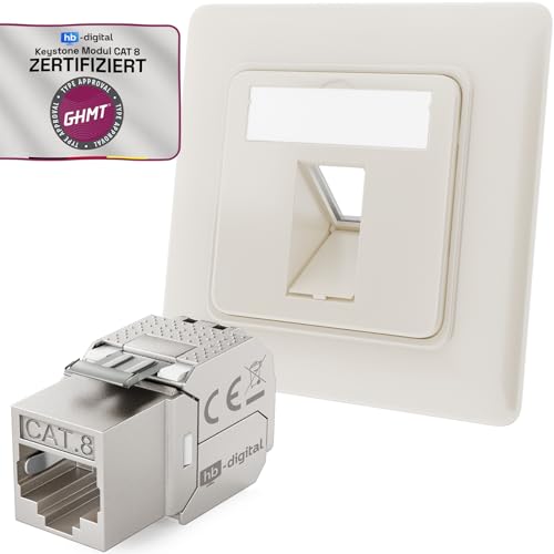 hb-digital Prise réseau 1 port CAT 8 encastrée RAL9010 + 1 x GHMT certifié CAT 8 Keystone RJ45 Module LAN Ethernet Keystone Prise femelle encastrable max. 40 Gbit/s STP – Blanc pur