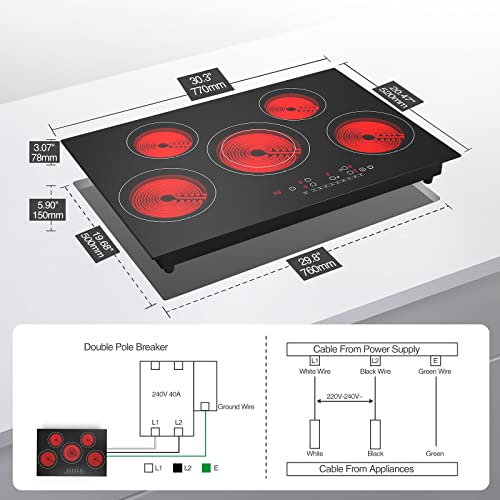 Vbgk Electric Cooktop 30 Inch, 5 Burner Electric Stove Built-In And Countertop Electric Stove Top, Led Touch Screen,9 Heating Level, Timer & Kid Safety Lock, 240V 30 Inch Electric Cooktop #TOP5