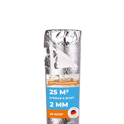 Profi Trittschalldämmung 25 m² PREMIUM SILVER - 1 Rolle 2mm stark mit Dampfsperre, Schall- und Wärmedämmung für Parkett und Laminat, Fußbodenheizung geeignet