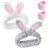 GZRXIOUS 2 Stück Kosmetik Haarband und 1 Paar Handgelenk Waschband, Hasen Ohren Elastisch Haarband Kosmetik, Weich Haarbänder für Make Up, für Beauty, SPA, Schönheit, Gesichtswäsche, Sport, Yoga