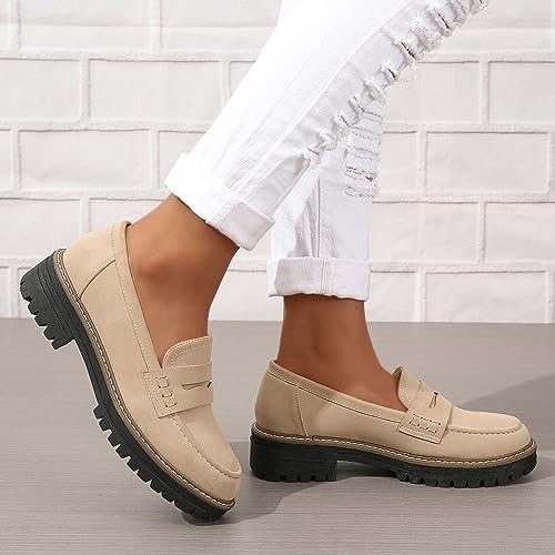 Image of Womens Loafers Slip On Casual Chunky Platform Heel Loafers Classic Penny Dressy Comfy Business Work Shoes Green Beige Black Red US5-11
