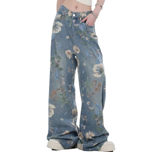 Women's Fashion High Waist Wide Leg Denim Pants Casual Y2K Streetwear Vintage Flowers Printed Baggy Jeans