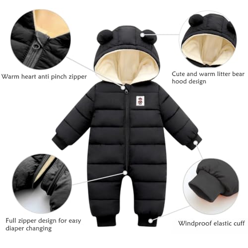 Unisex Baby Snowsuit Infant Cute Bear Hooded Winter Warm Flannel Lining Romper3