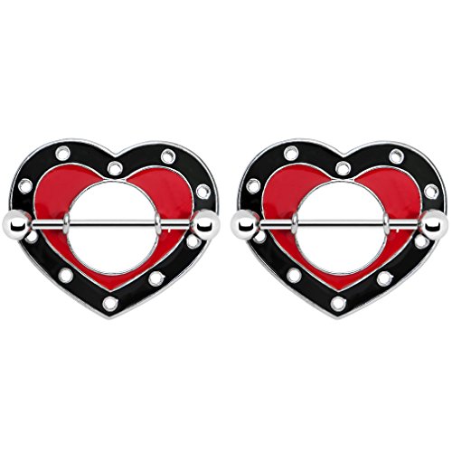 BodyJewelryOnline Adult Pair of Black and Red Enamel Heart Nipple Shields 316L Surgical Steel - N103390