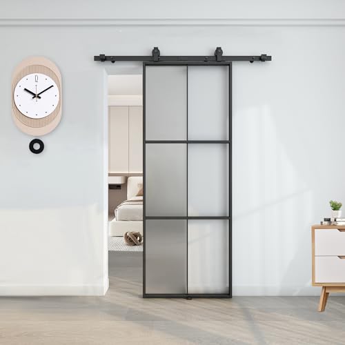 BARNSMITH 30in x 80in Glass Barn Door with 5FT Hardware Included, Aluminum Alloy Frame Frosted...