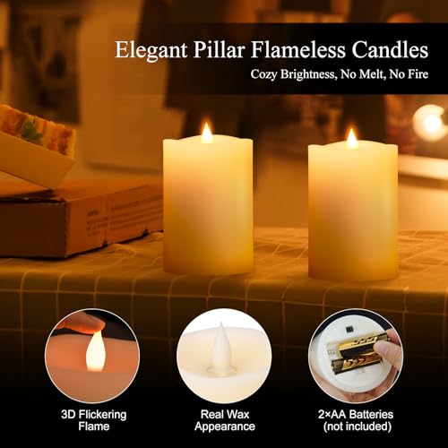 Image of 3x4 Flickering Flameless Candles Set of 3,Real Wax Pillar LED Candles,with Timer,4 inch Flameless Candles with Remote,for Party Wedding Holiday Home Decor,Ivory