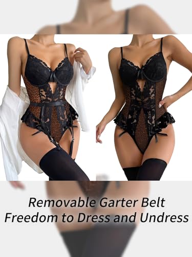 Image of Sexy Stocking Lace Mesh Bodysuit Top Underwire Garter Lingerie Set 3 Piece