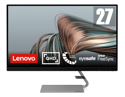 Lenovo Q27q-1L - エレガントなデザインの 27 インチ 2K QHD ゲーミング モニター (IPS、75Hz、4ms、HDMI、DP、FreeSync、スピーカー、EyeSafe、メタル ベース) チルト調整機能付き - ブラック