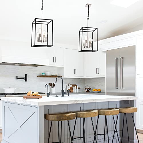 Vinluz 4-Light Lantern Chandelier Light Fixture Black And Brushed Nickel Finish Industrial Farmhouse Pendant Lighting Square Cage Kitchen Island Hanging Ceiling Light For Dining Room #TOP1