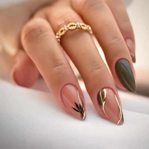 Almond Press on Nails Medium Fake Nails Dark Green False Nails Gold Line with Leaf Design Glossy Acrylic Glue on Nails Fall Artificial Nails Full Cover Stick on Nails for Women Manicure 24pcs