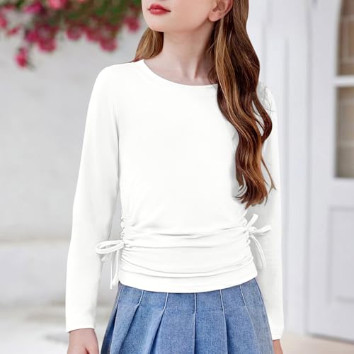 Girls Long Sleeve Shirts Ruched Knot Side Tunic Blouse Tee Tops Fashion Summer Crewneck Slim T Shirts for Tween Kids2