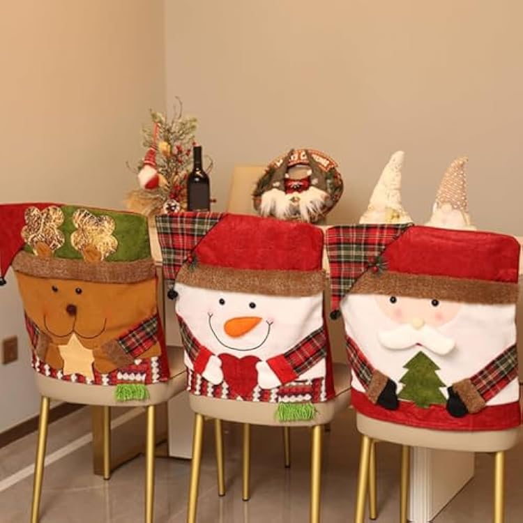Christmas Chair Back Covers Set of 6, 3D Cute Santa Claus Snowman Reindeer Xmas Dinner Chair Covers, for Home Kitchen Holiday Festive Party Decorations (4, A)