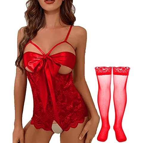 NLAND Damen Spitzenunterwäsche Set, Babydoll Einteilige Unterwäsche Fliege Spitzenstrumpfhose Pyjama Mit Strümpfen Cover