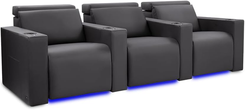 Valencia Barcelona Home Theater Seating | Italian Nappa Leather 11000, Motorized Headrest, Low-Profile, Low-Rise Seat Backrest, (Row of 3, Graphite)