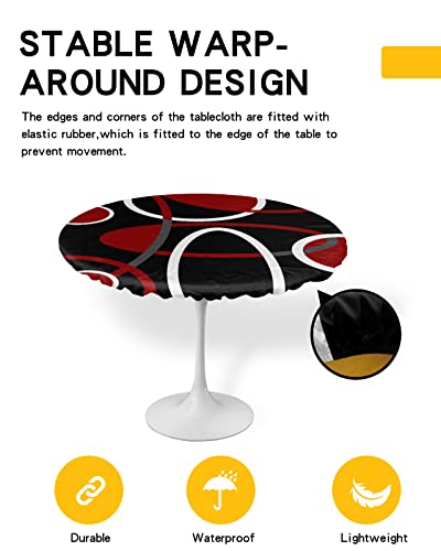 Geometric Red Black Round Waterproof Table Cover Fitted Tablecloth,Wipeable Fabric Elastic Table Cloth Oil-Proof Tablecover for Indoor Outdoor Picnic,Modern Abstract Minimalist Circular Line 36