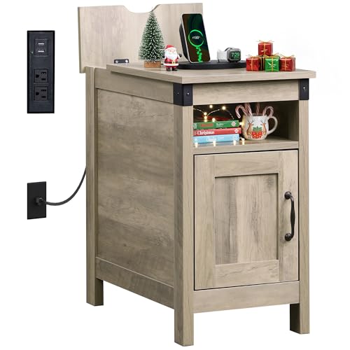 WLIVE End Table with Charging Station, Narrow Side Table for Living Room, Farmhouse Night Stand with Storage, Small Wooden Nightstand with USB Ports and Outlets for Living Room and Bedroom, Greige by WLIVE - Used condition - US$79.60