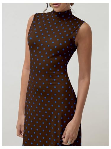 Image of Milumia Women's Polka Dots Maxi Tank Dress Vintage Mock Neck Sleeveless Elegant Long Dresses
