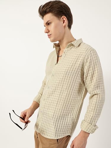 Image of Thomas Scott Men's | Solid | Textured Fabric | Full Sleeve | Slim Fit | Polyester-Blend | Spread Collar | Casual Shirt