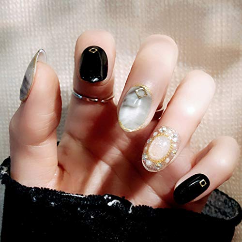 Sethexy 24Pcs Glossy Oval False Nails Pearl Studs Black Full Cover Art Design UV Fake Nails Tips for Women and Girls