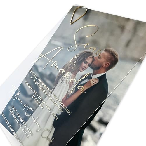 Gold Foiled Clear Acrylic Wedding Invitation with Couple's Photo Backing.