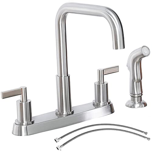 Kitchen Faucet with Sprayer, Brushed Nickel Kitchen Sink Faucet, Stainless Steel Kitchen Sink Faucet with Side Sprayer, 3 or 4 Hole Kitchen Faucet, 2 Handle Kitchen Faucets for Sinks KMF028L