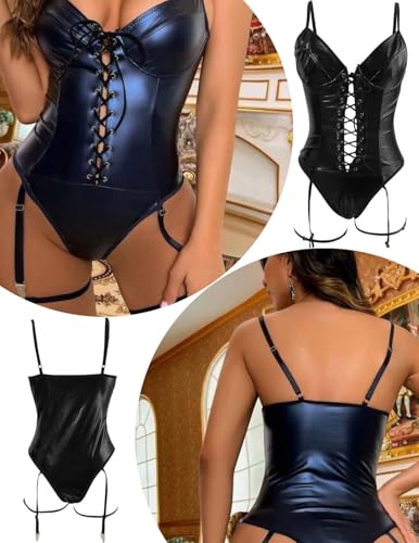 ROSVAJFY Damen Sexy Ärmellos Leder Body Wetlook Glänzend Catsuit Reizwäsche Verstellbar Strapsen Bodysuit Oberschenkel Strümpfband Teddy Babydoll V-Ausschnitt Jumpsuit Dessous Rave Party Outfit – Bild 3