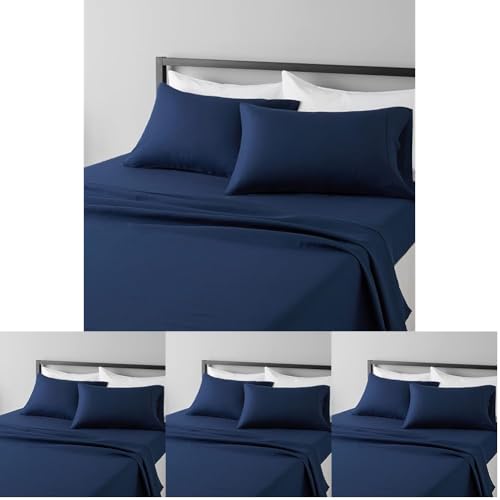 Image of Amazon Basics Lightweight Super Soft Easy Care Breathable Microfiber 4 Piece Bed Sheets Set with 14-Inch Deep Pockets, Full, Navy Blue, Solid (Pack of 4)