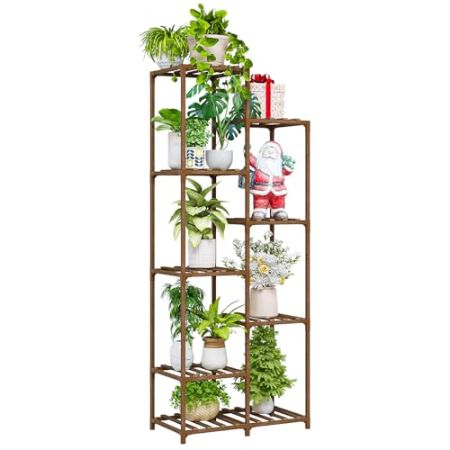 Bamworld Tall Plant Stand Indoor Outdoor Corner Plant Shelf Wood Flower Stands for Living Room Balcony and Garden (9 pots)