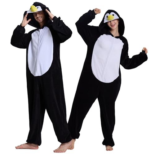 ANMIBOBU Unisex Adult Onesie Pajamas Animal Cosplay Halloween Costume One Piece Plush Sleepwear Homewear(Penguin-S)